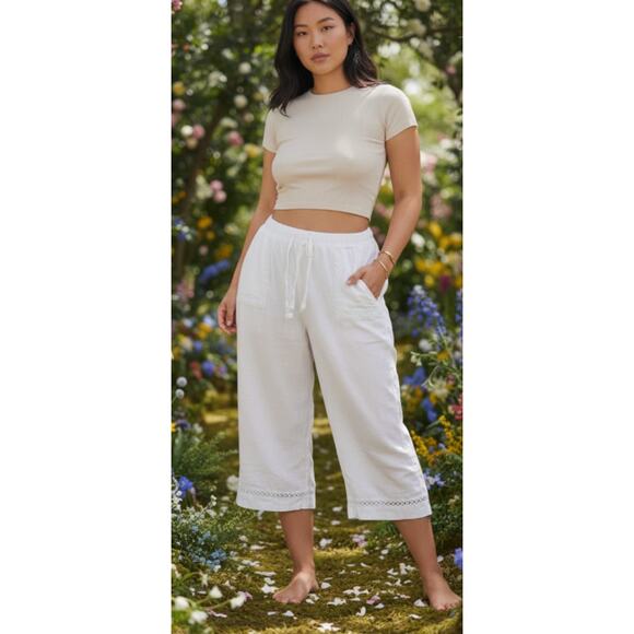 Joie Pants - Joie 100% Linen White Wide Leg Crop Pant size Medium